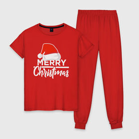 Женская пижама хлопок с принтом Merry Christmas в Екатеринбурге, 100% хлопок | брюки и футболка прямого кроя, без карманов, на брюках мягкая резинка на поясе и по низу штанин | 