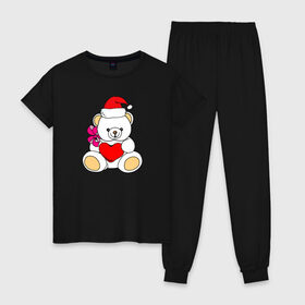 Женская пижама хлопок с принтом Новогодний мишка в Екатеринбурге, 100% хлопок | брюки и футболка прямого кроя, без карманов, на брюках мягкая резинка на поясе и по низу штанин | bear | christmas | merry | new year | teddy | winter | елка | зима | зимний | игрушка | колпак | люблю | малыш | медведь | медвежата | медвежонок | новогодний | новый год | плюшевый | подарок | рождество | санта | сердце | снег