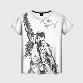 Женская футболка 3D с принтом Freddie Mercury в Екатеринбурге, 100% полиэфир ( синтетическое хлопкоподобное полотно) | прямой крой, круглый вырез горловины, длина до линии бедер | freddie mercury | queen | автограф | квин | фредди меркьюри