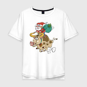 Мужская футболка хлопок Oversize с принтом Санта на олене в Екатеринбурге, 100% хлопок | свободный крой, круглый ворот, “спинка” длиннее передней части | 