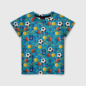 Детская футболка 3D с принтом СПОРТ в Екатеринбурге, 100% гипоаллергенный полиэфир | прямой крой, круглый вырез горловины, длина до линии бедер, чуть спущенное плечо, ткань немного тянется | Тематика изображения на принте: бейсбол | гиря | спорт | футбол | футбольный мяч | штанга