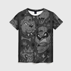 Женская футболка 3D с принтом CRAZY ANIMALS в Екатеринбурге, 100% полиэфир ( синтетическое хлопкоподобное полотно) | прямой крой, круглый вырез горловины, длина до линии бедер | бульдог | головы животных | медведь | мультяшные животные | обезьяна | панда | собака