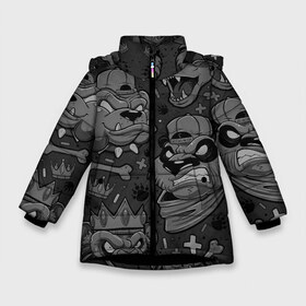 Зимняя куртка для девочек 3D с принтом CRAZY ANIMALS в Екатеринбурге, ткань верха — 100% полиэстер; подклад — 100% полиэстер, утеплитель — 100% полиэстер. | длина ниже бедра, удлиненная спинка, воротник стойка и отстегивающийся капюшон. Есть боковые карманы с листочкой на кнопках, утяжки по низу изделия и внутренний карман на молнии. 

Предусмотрены светоотражающий принт на спинке, радужный светоотражающий элемент на пуллере молнии и на резинке для утяжки. | бульдог | головы животных | медведь | мультяшные животные | обезьяна | панда | собака