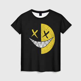 Женская футболка 3D с принтом SMILE в Екатеринбурге, 100% полиэфир ( синтетическое хлопкоподобное полотно) | прямой крой, круглый вырез горловины, длина до линии бедер | глаза крестики | злой смайл | зубы | контраст | смайл | эмоция