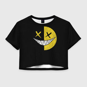 Женская футболка Crop-top 3D с принтом SMILE в Екатеринбурге, 100% полиэстер | круглая горловина, длина футболки до линии талии, рукава с отворотами | глаза крестики | злой смайл | зубы | контраст | смайл | эмоция