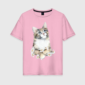 Женская футболка хлопок Oversize с принтом Кошечка в Екатеринбурге, 100% хлопок | свободный крой, круглый ворот, спущенный рукав, длина до линии бедер
 | 