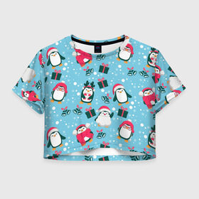 Женская футболка Crop-top 3D с принтом Новогодние Пингвины в Екатеринбурге, 100% полиэстер | круглая горловина, длина футболки до линии талии, рукава с отворотами | 2021 | белка | гирлянда | год быка | дед мороз | детская | дочка | елка | енот | кот | котик | лиса | маска | милая | неон | новогодняя | новый год | олень | паттерн | пингвин | подарок | праздник | радуга