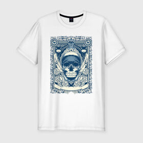 Мужская футболка хлопок Slim с принтом Пиратская картина в Екатеринбурге, 92% хлопок, 8% лайкра | приталенный силуэт, круглый вырез ворота, длина до линии бедра, короткий рукав | Тематика изображения на принте: арт | вектор | гот | готический рисунок | готическое | перо | перья | пират | пиратская картина | повязка | рисунок | синий | череп