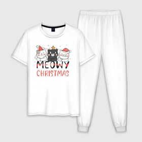 Мужская пижама хлопок с принтом Новогодние котики в Екатеринбурге, 100% хлопок | брюки и футболка прямого кроя, без карманов, на брюках мягкая резинка на поясе и по низу штанин
 | 