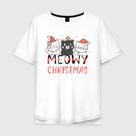 Мужская футболка хлопок Oversize с принтом Новогодние котики в Екатеринбурге, 100% хлопок | свободный крой, круглый ворот, “спинка” длиннее передней части | 