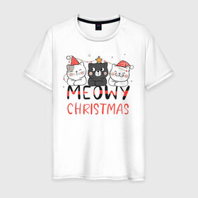 Мужская футболка хлопок с принтом Новогодние котики в Екатеринбурге, 100% хлопок | прямой крой, круглый вырез горловины, длина до линии бедер, слегка спущенное плечо. | Тематика изображения на принте: 
