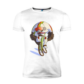 Мужская футболка хлопок Slim с принтом Безумный велосипедист в Екатеринбурге, 92% хлопок, 8% лайкра | приталенный силуэт, круглый вырез ворота, длина до линии бедра, короткий рукав | арт | велосипед | велосипедист | обезьяна | рисунок | спортсмен