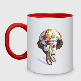 Кружка двухцветная с принтом Безумный велосипедист в Екатеринбурге, керамика | объем — 330 мл, диаметр — 80 мм. Цветная ручка и кайма сверху, в некоторых цветах — вся внутренняя часть | арт | велосипед | велосипедист | обезьяна | рисунок | спортсмен