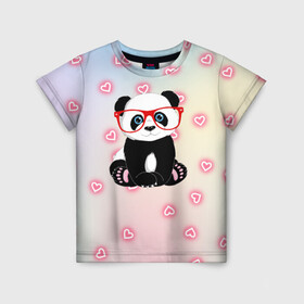 Детская футболка 3D с принтом Милая пандочка  в Екатеринбурге, 100% гипоаллергенный полиэфир | прямой крой, круглый вырез горловины, длина до линии бедер, чуть спущенное плечо, ткань немного тянется | маленькая панда | маленькая пандочк | милая панда | милая пандочка | панда | панда в красных очках | панда в очках | панда очки | панда сердечки | панда сердце | пандочка | пандочка в красных очках