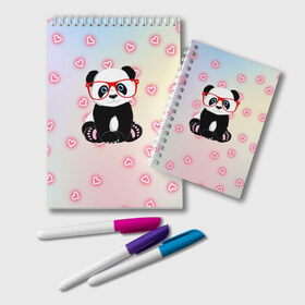 Блокнот с принтом Милая пандочка в Екатеринбурге, 100% бумага | 48 листов, плотность листов — 60 г/м2, плотность картонной обложки — 250 г/м2. Листы скреплены удобной пружинной спиралью. Цвет линий — светло-серый
 | маленькая панда | маленькая пандочк | милая панда | милая пандочка | панда | панда в красных очках | панда в очках | панда очки | панда сердечки | панда сердце | пандочка | пандочка в красных очках