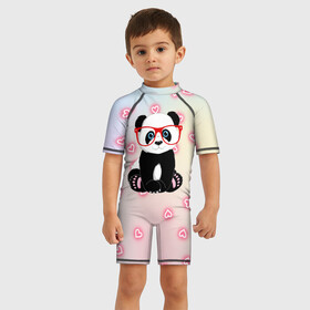 Детский купальный костюм 3D с принтом Милая пандочка в Екатеринбурге, Полиэстер 85%, Спандекс 15% | застежка на молнии на спине | маленькая панда | маленькая пандочк | милая панда | милая пандочка | панда | панда в красных очках | панда в очках | панда очки | панда сердечки | панда сердце | пандочка | пандочка в красных очках