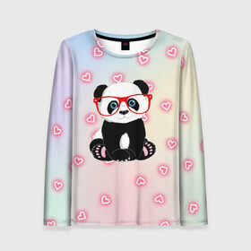 Женский лонгслив 3D с принтом Милая пандочка  в Екатеринбурге, 100% полиэстер | длинные рукава, круглый вырез горловины, полуприлегающий силуэт | маленькая панда | маленькая пандочк | милая панда | милая пандочка | панда | панда в красных очках | панда в очках | панда очки | панда сердечки | панда сердце | пандочка | пандочка в красных очках