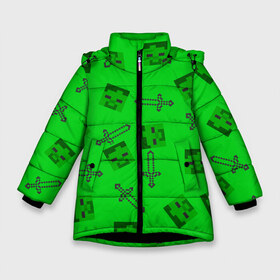 Зимняя куртка для девочек 3D с принтом Minecraft в Екатеринбурге, ткань верха — 100% полиэстер; подклад — 100% полиэстер, утеплитель — 100% полиэстер. | длина ниже бедра, удлиненная спинка, воротник стойка и отстегивающийся капюшон. Есть боковые карманы с листочкой на кнопках, утяжки по низу изделия и внутренний карман на молнии. 

Предусмотрены светоотражающий принт на спинке, радужный светоотражающий элемент на пуллере молнии и на резинке для утяжки. | creeper | minecraft | блок | игра | крипер | майнкрафт | победитель | приключения