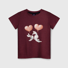 Детская футболка хлопок с принтом Пара влюбленных зайчиков в Екатеринбурге, 100% хлопок | круглый вырез горловины, полуприлегающий силуэт, длина до линии бедер | зайчики | любовь | пара | розовый | сердце | серый | шарики