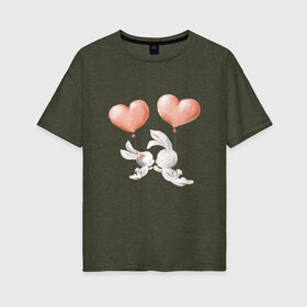 Женская футболка хлопок Oversize с принтом Пара влюбленных зайчиков в Екатеринбурге, 100% хлопок | свободный крой, круглый ворот, спущенный рукав, длина до линии бедер
 | зайчики | любовь | пара | розовый | сердце | серый | шарики