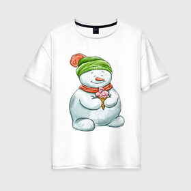 Женская футболка хлопок Oversize с принтом Снеговик с мороженным в Екатеринбурге, 100% хлопок | свободный крой, круглый ворот, спущенный рукав, длина до линии бедер
 | 