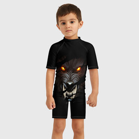 Детский купальный костюм 3D с принтом ВОЛЧИЙ ОСКАЛ в Екатеринбурге, Полиэстер 85%, Спандекс 15% | застежка на молнии на спине | animal | dark | hunter | wolf | волк | голова | животные | звери | зубы | клыки | мощь | оскал | пасть | сила | хищник