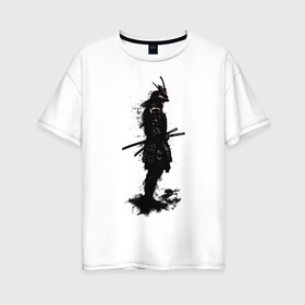 Женская футболка хлопок Oversize с принтом Теневой самурай в Екатеринбурге, 100% хлопок | свободный крой, круглый ворот, спущенный рукав, длина до линии бедер
 | арт | воин | древний воин | дым | дымка | катана | катаны | рисунок | самурай | тень | япония