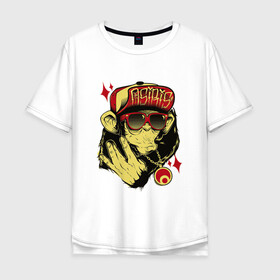 Мужская футболка хлопок Oversize с принтом Крутая обезьяна в Екатеринбурге, 100% хлопок | свободный крой, круглый ворот, “спинка” длиннее передней части | арт | блеск | золотой кулон | кепка | крутая | круто | кулон | обезьяна | очки | рисунок