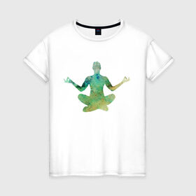 Женская футболка хлопок с принтом Йога тайм в Екатеринбурге, 100% хлопок | прямой крой, круглый вырез горловины, длина до линии бедер, слегка спущенное плечо | здоровье | йога | кундалини | медитация | релаксация | тело | фитнес | энергия