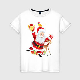 Женская футболка хлопок с принтом Санта Клаус с подарками в Екатеринбурге, 100% хлопок | прямой крой, круглый вырез горловины, длина до линии бедер, слегка спущенное плечо | 