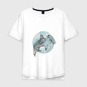 Мужская футболка хлопок Oversize с принтом Акула-молот в Екатеринбурге, 100% хлопок | свободный крой, круглый ворот, “спинка” длиннее передней части | circle | graphics | moon | shark | watercolor | акварель | акула | графика | круг | луна