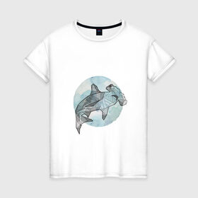 Женская футболка хлопок с принтом Акула-молот в Екатеринбурге, 100% хлопок | прямой крой, круглый вырез горловины, длина до линии бедер, слегка спущенное плечо | circle | graphics | moon | shark | watercolor | акварель | акула | графика | круг | луна
