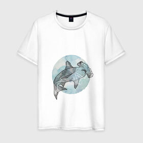 Мужская футболка хлопок с принтом Акула-молот в Екатеринбурге, 100% хлопок | прямой крой, круглый вырез горловины, длина до линии бедер, слегка спущенное плечо. | circle | graphics | moon | shark | watercolor | акварель | акула | графика | круг | луна