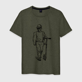 Мужская футболка хлопок с принтом Самокатер в Екатеринбурге, 100% хлопок | прямой крой, круглый вырез горловины, длина до линии бедер, слегка спущенное плечо. | Тематика изображения на принте: крутой | самокат | чёрно белый