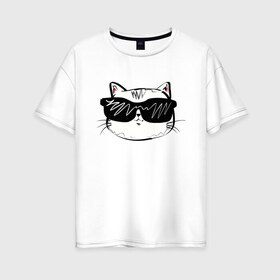 Женская футболка хлопок Oversize с принтом COOL CAT в Екатеринбурге, 100% хлопок | свободный крой, круглый ворот, спущенный рукав, длина до линии бедер
 | cat | киса | киска | кот | коты | котяра | кошечка | кошка | ленивец | лиса | лисичка | очки | панда | с кисой | с котом | с кошечкой | собака