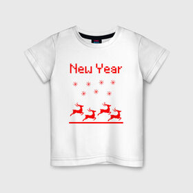 Детская футболка хлопок с принтом Новогодние олени в Екатеринбурге, 100% хлопок | круглый вырез горловины, полуприлегающий силуэт, длина до линии бедер | 