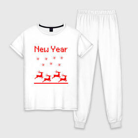 Женская пижама хлопок с принтом Новогодние олени в Екатеринбурге, 100% хлопок | брюки и футболка прямого кроя, без карманов, на брюках мягкая резинка на поясе и по низу штанин | 