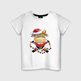 Детская футболка хлопок с принтом Бычек с гирляндой в Екатеринбурге, 100% хлопок | круглый вырез горловины, полуприлегающий силуэт, длина до линии бедер | 