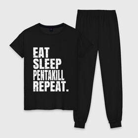 Женская пижама хлопок с принтом EAT SLEEP PENTAKILL REPEAT в Екатеринбурге, 100% хлопок | брюки и футболка прямого кроя, без карманов, на брюках мягкая резинка на поясе и по низу штанин | ahri | akali | ashe | carry | darius | draven | eat | eat sleep pentakill repeat | ezreal | fizz | galio | game | garen | jax | jhin | jinx | kill | league of legends | lol | penta | pentakill | repeat | sleep | игра |