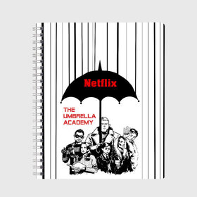 Тетрадь с принтом The Umbrella Academy Season 3 в Екатеринбурге, 100% бумага | 48 листов, плотность листов — 60 г/м2, плотность картонной обложки — 250 г/м2. Листы скреплены сбоку удобной пружинной спиралью. Уголки страниц и обложки скругленные. Цвет линий — светло-серый
 | Тематика изображения на принте: netflix | rain | superheroes | the umbrella academy | tv series | umbrella | академия амбрелла | дождь | зонтик | нетфликс | сериал | супергерои