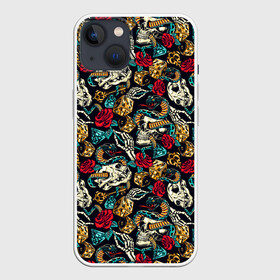 Чехол для iPhone 13 с принтом Hardcore tattoo в Екатеринбурге,  |  | colorful | skull | snake | tattoo | vintage | винтаж | змеи | игральные | кости | скелет | тату | цветной | цветы | черепа