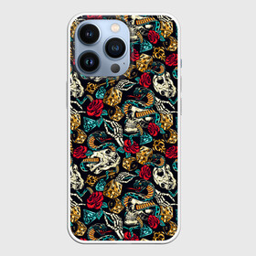 Чехол для iPhone 13 Pro с принтом Hardcore tattoo в Екатеринбурге,  |  | colorful | skull | snake | tattoo | vintage | винтаж | змеи | игральные | кости | скелет | тату | цветной | цветы | черепа