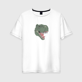 Женская футболка хлопок Oversize с принтом Тирекс в Екатеринбурге, 100% хлопок | свободный крой, круглый ворот, спущенный рукав, длина до линии бедер
 | dinosaur | аллозар | арт | белый | вымершие | динозавр | диплодок | животные | завр | зелёный | зубы | картинка | красный | кровь | мегалозавр | рисунок | тарбозавр | тарбозар | тираннозавр | тирекс | хищник