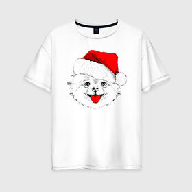 Женская футболка хлопок Oversize с принтом Веселый Щенок Санта в Екатеринбурге, 100% хлопок | свободный крой, круглый ворот, спущенный рукав, длина до линии бедер
 | 