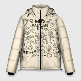 Мужская зимняя куртка 3D с принтом Happy Valentines day в Екатеринбурге, верх — 100% полиэстер; подкладка — 100% полиэстер; утеплитель — 100% полиэстер | длина ниже бедра, свободный силуэт Оверсайз. Есть воротник-стойка, отстегивающийся капюшон и ветрозащитная планка. 

Боковые карманы с листочкой на кнопках и внутренний карман на молнии. | angel | arrow | birds | butterfly | coffee | couple | diamond | flower | heart | kiss | letter | ring | valentine | ангел | бабочка | бриллиант | валентинка | кольцо | кофе | парочка | письмо | поцелуй | птицы | сердце | стрела | цветок