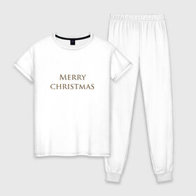 Женская пижама хлопок с принтом MERRY CHRISTMAS в Екатеринбурге, 100% хлопок | брюки и футболка прямого кроя, без карманов, на брюках мягкая резинка на поясе и по низу штанин | 