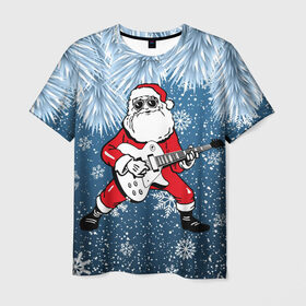 Мужская футболка 3D с принтом Дед Мороз Рокер в Екатеринбурге, 100% полиэфир | прямой крой, круглый вырез горловины, длина до линии бедер | гитара | гитарист | год | дед | зима | зимний | клаус | метал | металл | мороз | музыка | музыкант | новый | рождество | рок | рокер | санта
