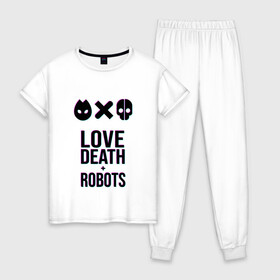 Женская пижама хлопок с принтом LDR Glitch в Екатеринбурге, 100% хлопок | брюки и футболка прямого кроя, без карманов, на брюках мягкая резинка на поясе и по низу штанин | death | fantastic | future | glitch | ldr | love | love death and robots | love death robots | netflix | robots | sci fi | будущее | глитч | лдр | любовь | нетфликс | роботы | фантастика