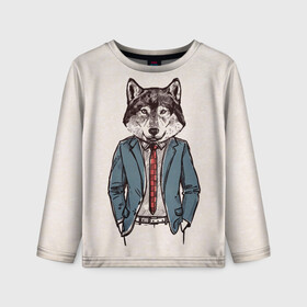 Детский лонгслив 3D с принтом ХИПСТЕР ВОЛК в Екатеринбурге, 100% полиэстер | длинные рукава, круглый вырез горловины, полуприлегающий силуэт
 | alter ego | always be yourself | be positive | big | fashion | fashion man | hipster | wolf | wolfs | волк | галстук | животные | пиджак | собака | хипстер | я есть стиль