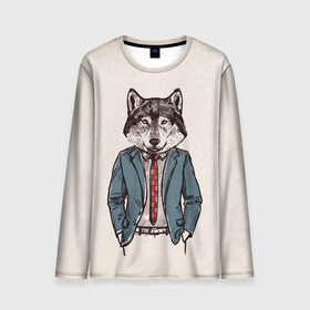 Мужской лонгслив 3D с принтом ХИПСТЕР ВОЛК в Екатеринбурге, 100% полиэстер | длинные рукава, круглый вырез горловины, полуприлегающий силуэт | alter ego | always be yourself | be positive | big | fashion | fashion man | hipster | wolf | wolfs | волк | галстук | животные | пиджак | собака | хипстер | я есть стиль